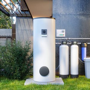 Outdoor Heat Pump & Water Filtration System at Modern Home Exterior